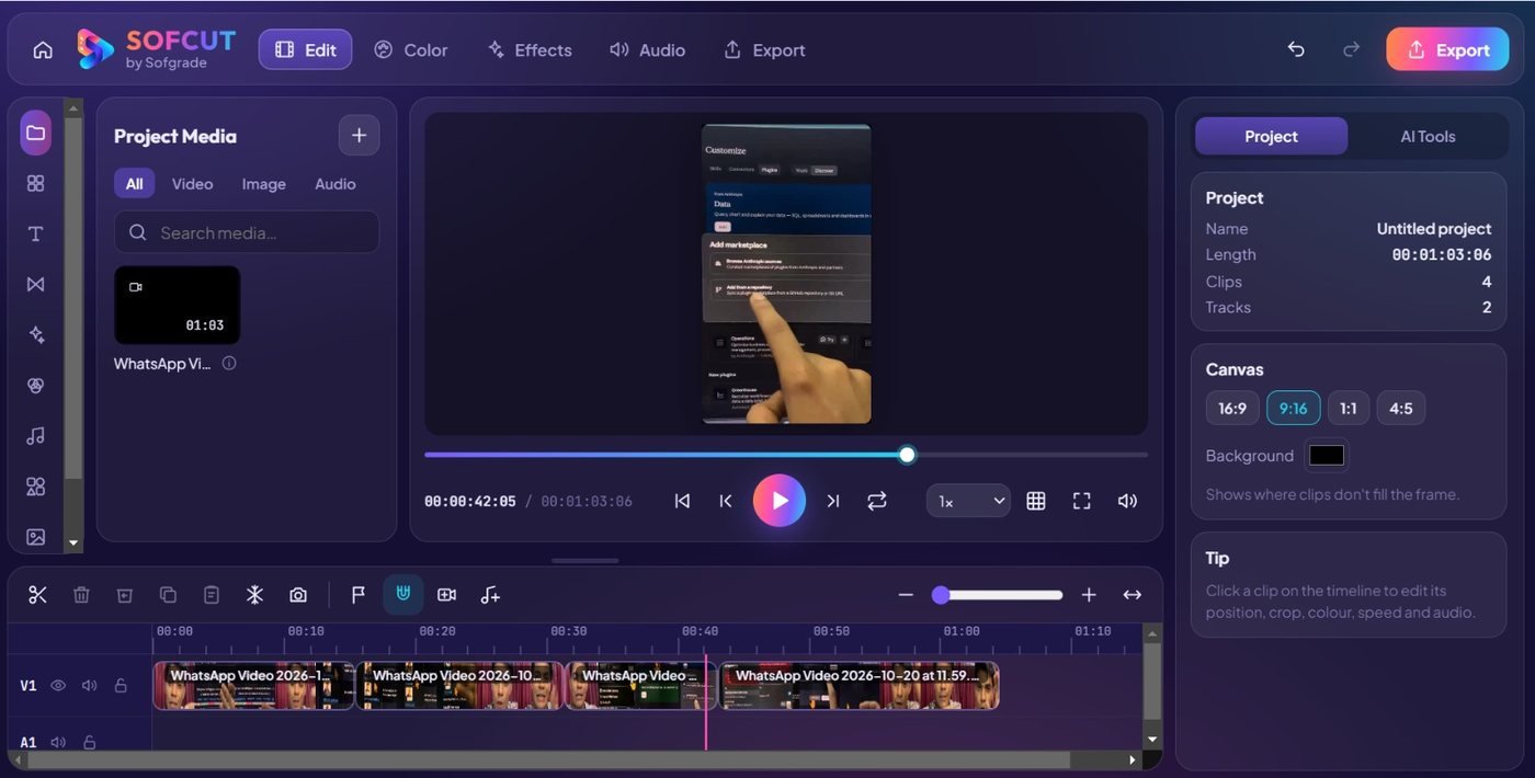 SOFCUT video editor: media library, preview, multi-track timeline and canvas settings